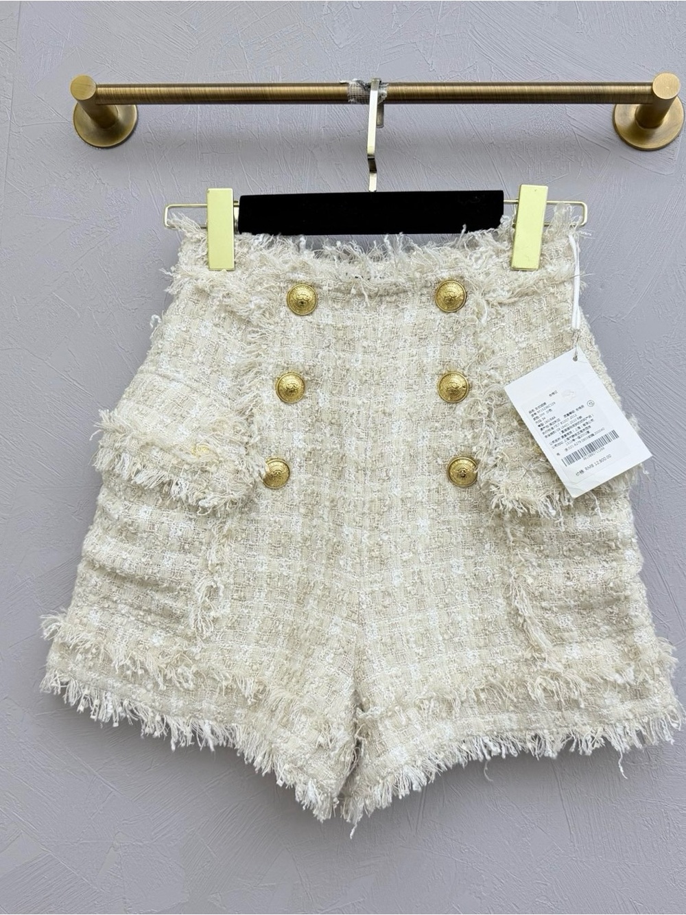 Balmain Cream Tweed High-Waist Double-Breasted Shorts with Gold Buttons
